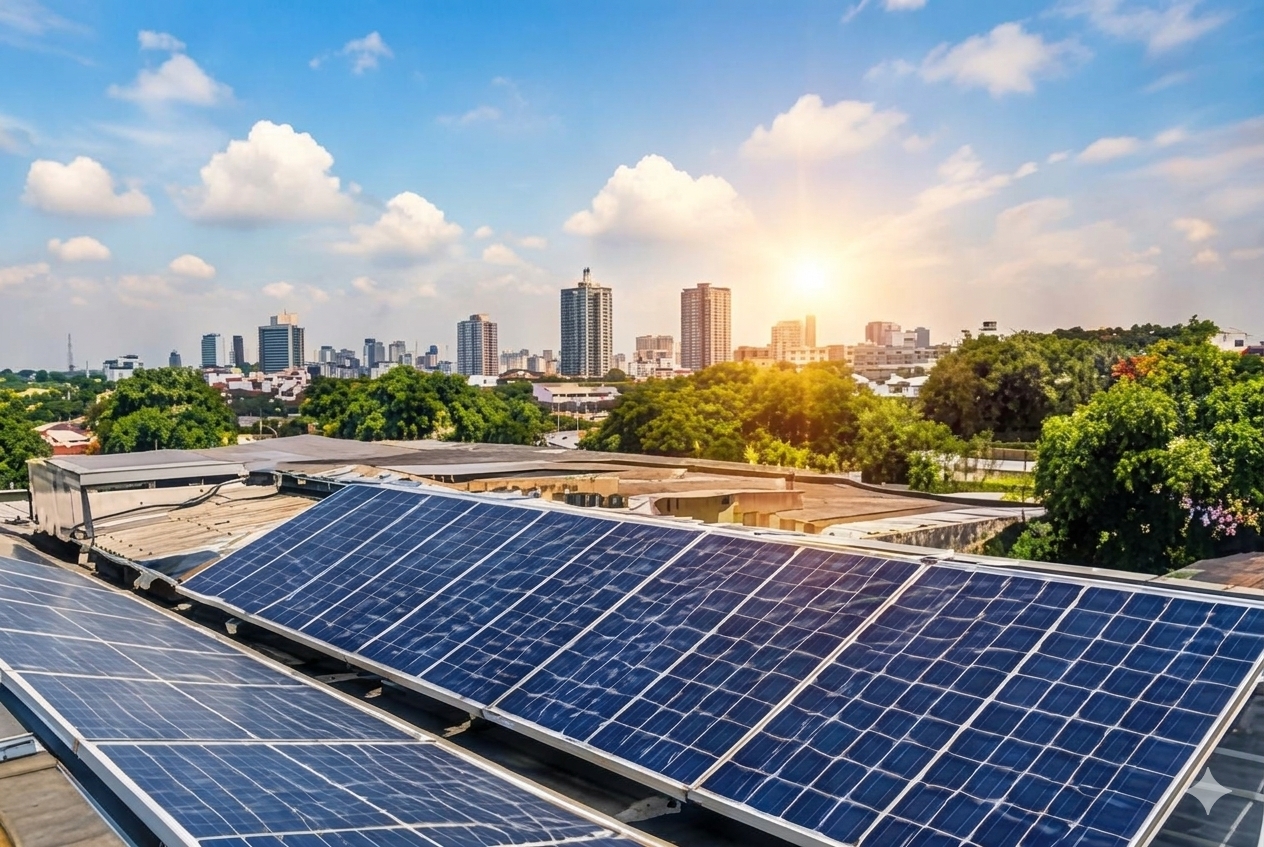 Rooftop solar plant at sunset