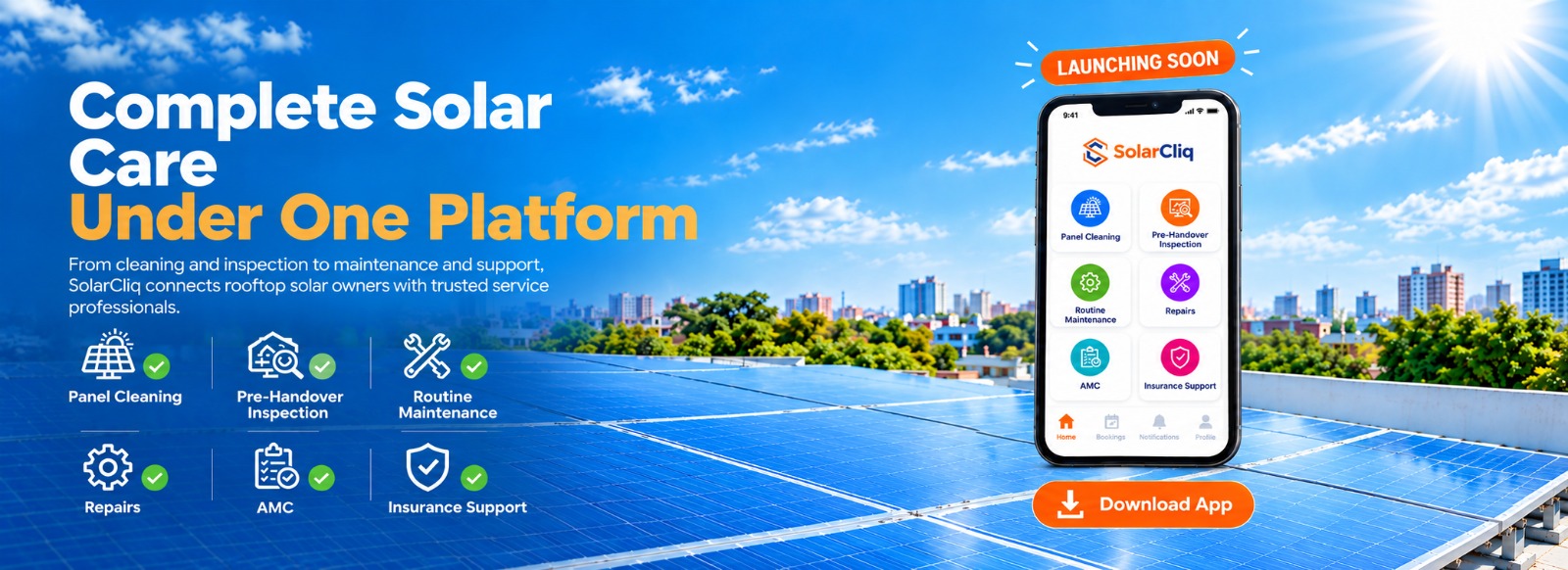 Technician cleaning a rooftop solar plant
