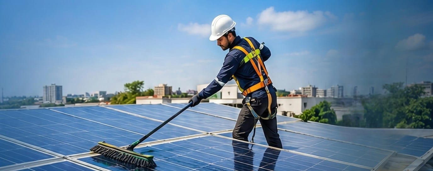Technician cleaning a rooftop solar plant
