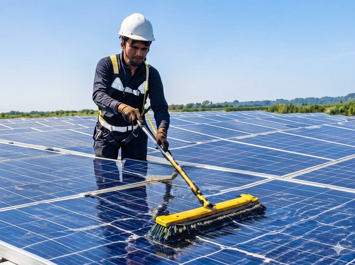 Person cleaning rooftop solar panels