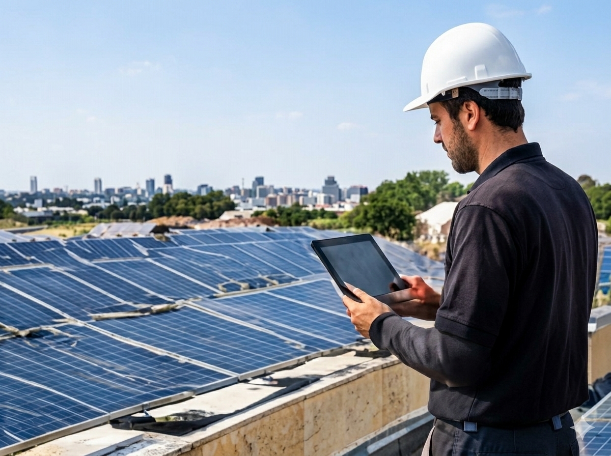 Technician inspecting a rooftop solar plant