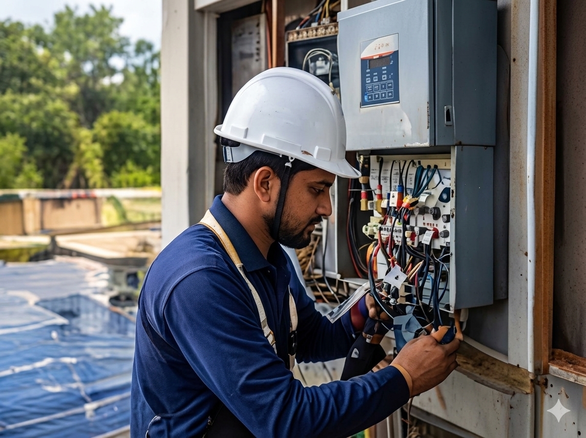 Technician servicing solar electrical equipment