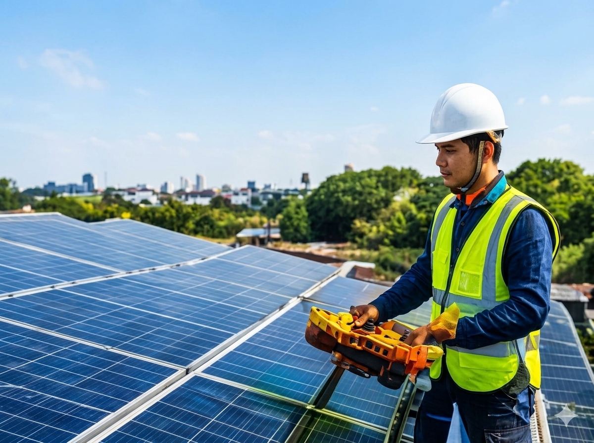 Technician performing preventive solar maintenance