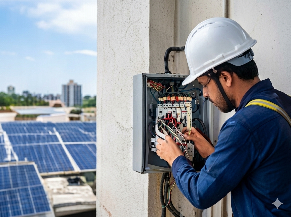 Technician checking solar inverter and equipment